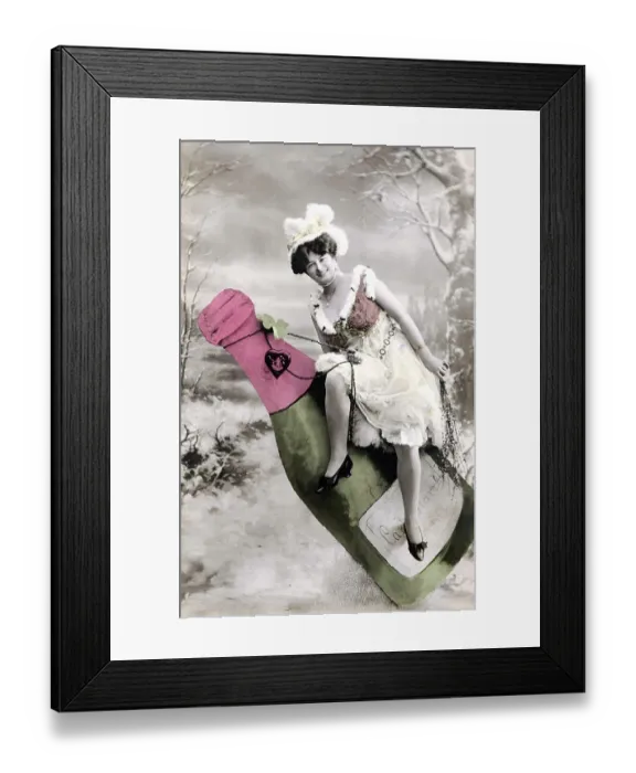 Framed Print : Woman sitting on champagne bottle