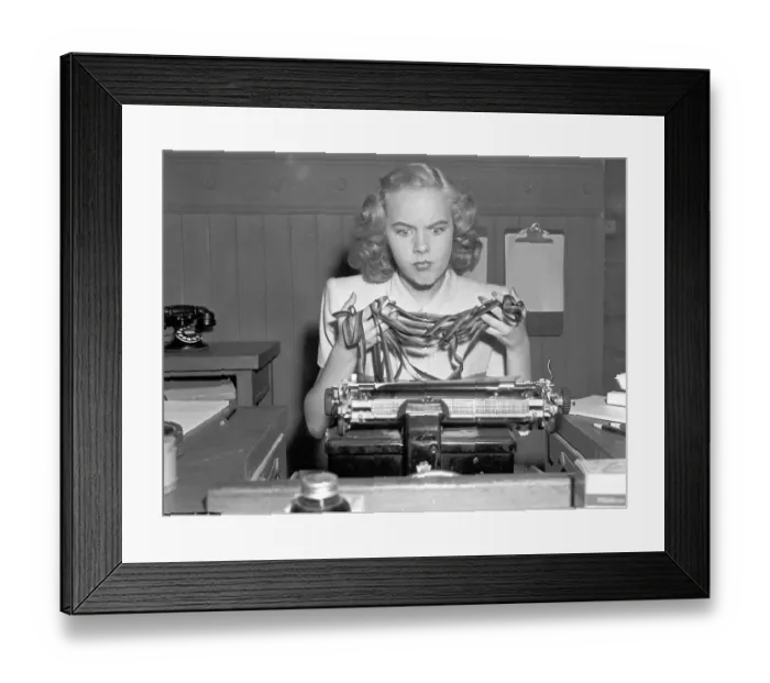 Framed Print : Woman, secretary, desperate on typewriter