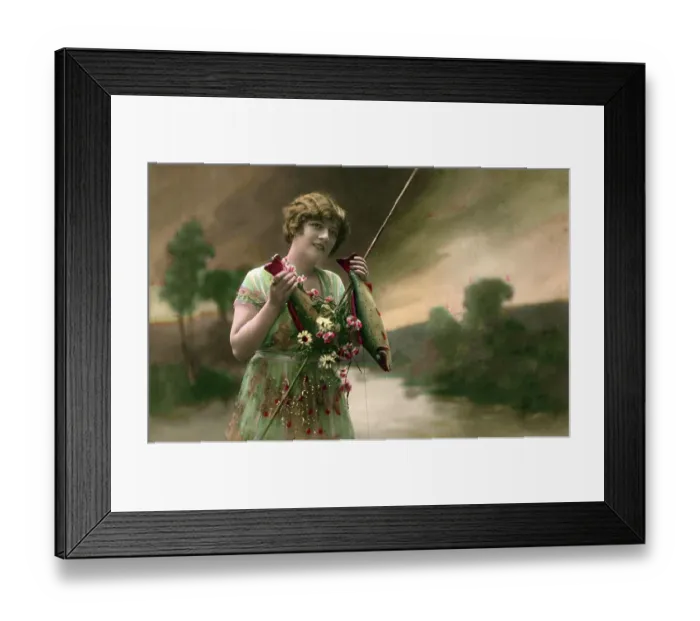 Framed Print : French card for 1st of April, woman with two fish Framed Print : French card for 1st of April, woman with two fish