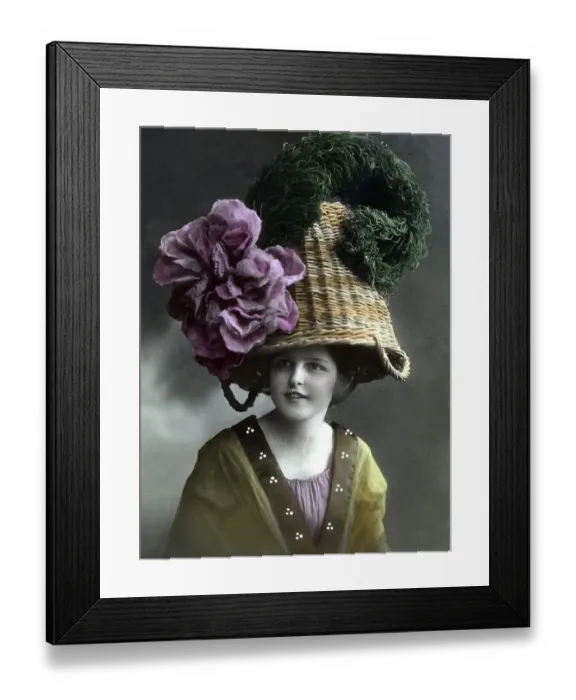 Framed Print : Woman with a basket as a hat, hat fashion Framed Print : Woman with a basket as a hat, hat fashion