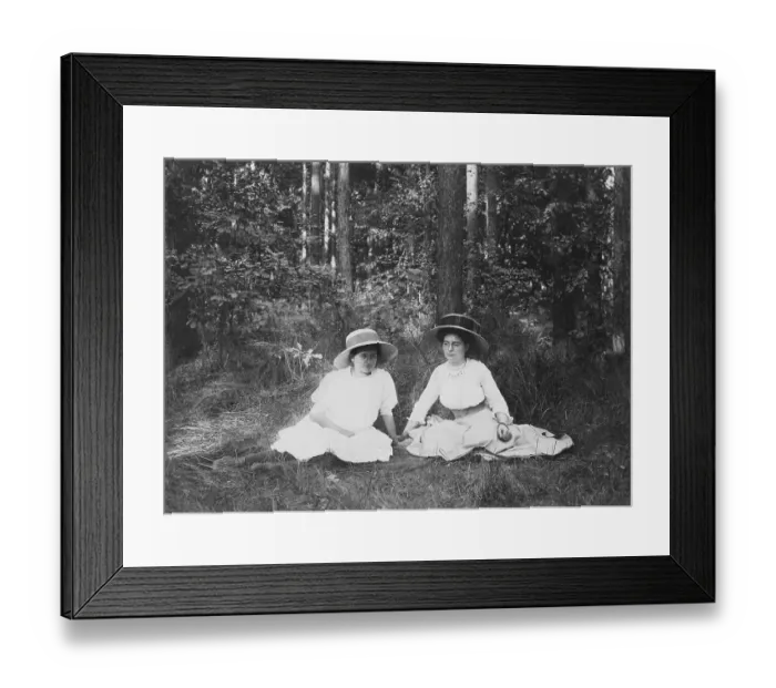 Framed Print : Fashion, summer outing, two women in summer clothes sitting in the forest Framed Print : Fashion, summer outing, two women in summer clothes sitting in the forest