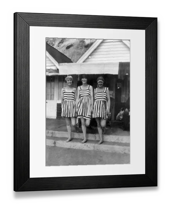 Framed Print : Fashion, swimwear, three women in the same striped swimsuits Framed Print : Fashion, swimwear, three women in the same striped swimsuits