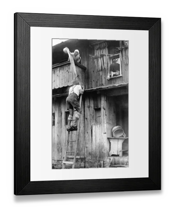 Framed Print : Jealousy, husband repels the rivals with water bucket from the window