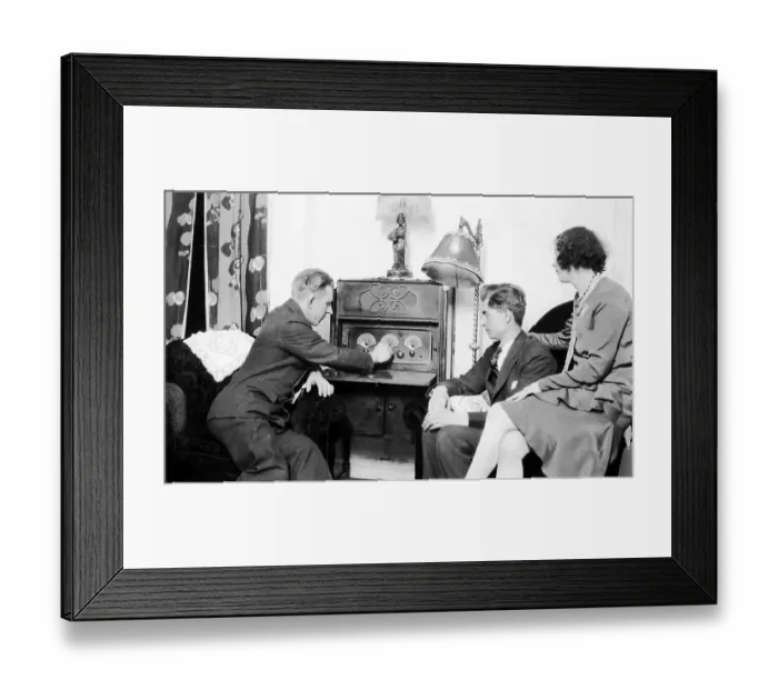 Framed Print : Radio, engineering history, two men and a woman listening to the radio