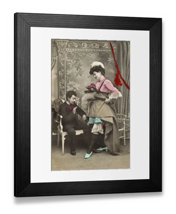 Framed Print : The couple flirts, the woman raises her skirt and shows her legs