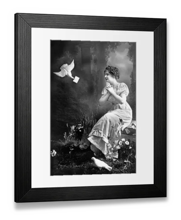 Framed Print : Homing pigeon brings a woman a love letter Framed Print : Homing pigeon brings a woman a love letter
