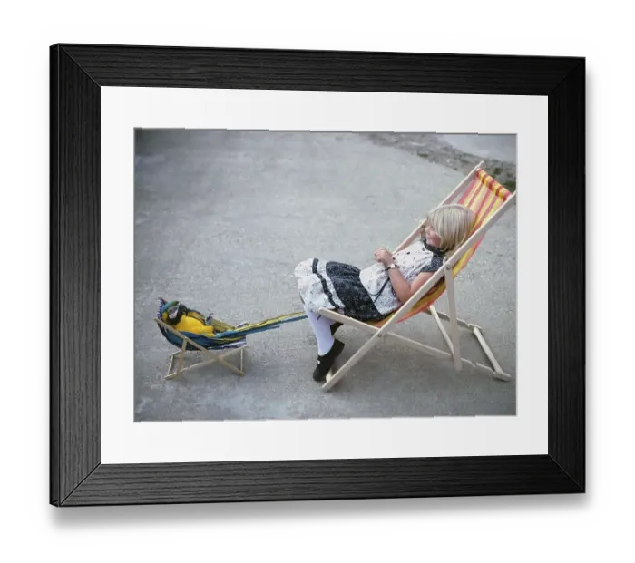 Framed Print : Girl with parrot in deck chair