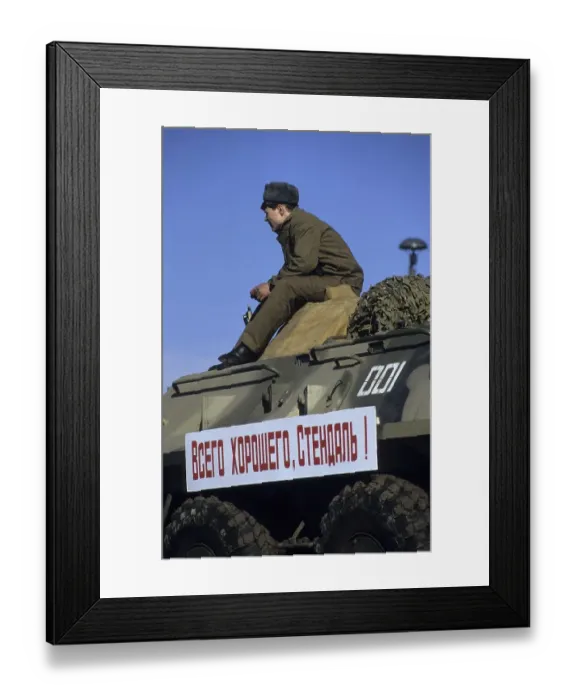 Framed Print : Soviet soldier on tank and a banner reading All the best