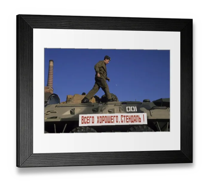 Framed Print : Soviet soldier on tank and a banner reading All the best