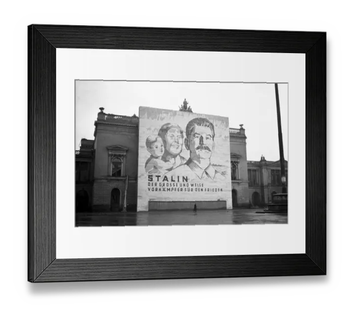 Framed Print : Propaganda, banner with Stalin at the ruins of the New Theatre