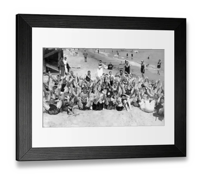 Framed Print : Bathing group on the beach, funny