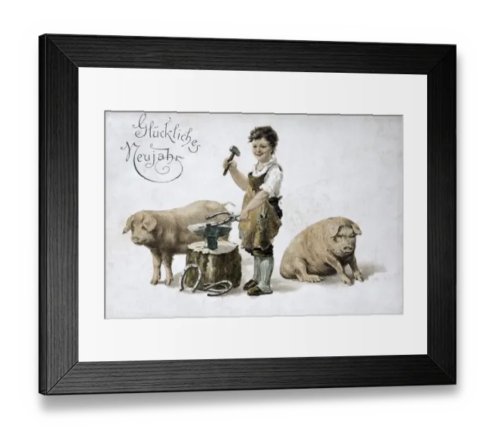 Framed Print : Historic New Year's card with symbols of good fortune