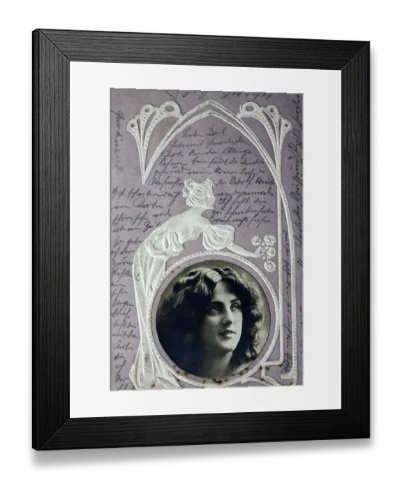Framed Print : Historic postcard with portrait of a woman and art nouveau ornaments