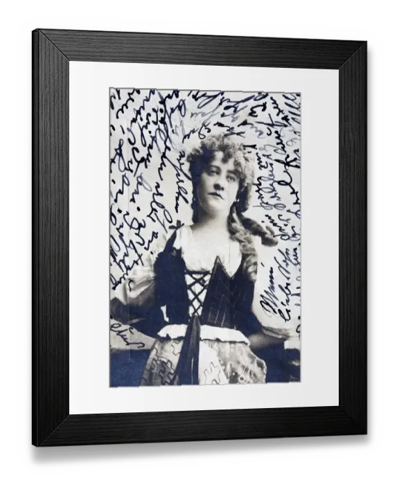Framed Print : Figure of woman with sad face, historic postcard