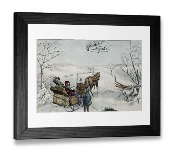 Framed Print : Happy New Year, children taking a sleigh ride in the snow Framed Print : Happy New Year, children taking a sleigh ride in the snow