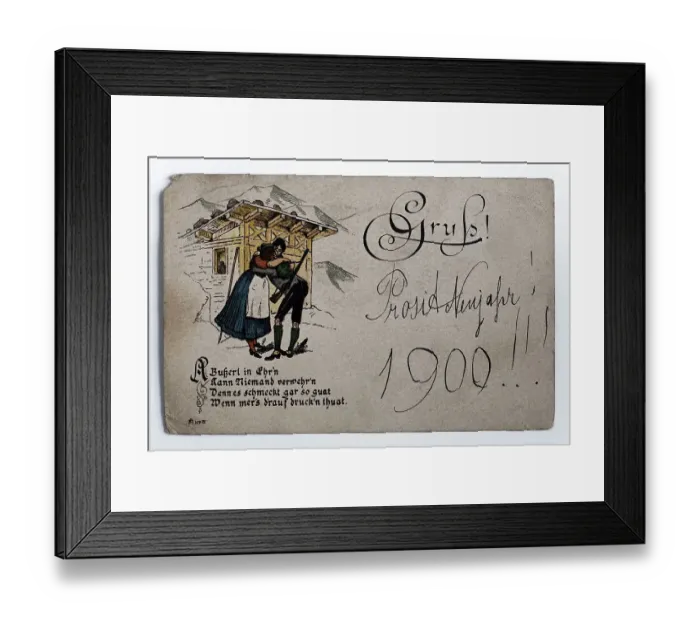Framed Print : Happy New Year 1900, historic postcard of a kissing couple in front of an alm hut with slogan