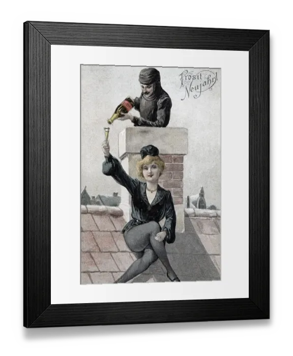 Framed Print : Happy New Year, male chimney pouring Champagne into female chimney sweep's glass