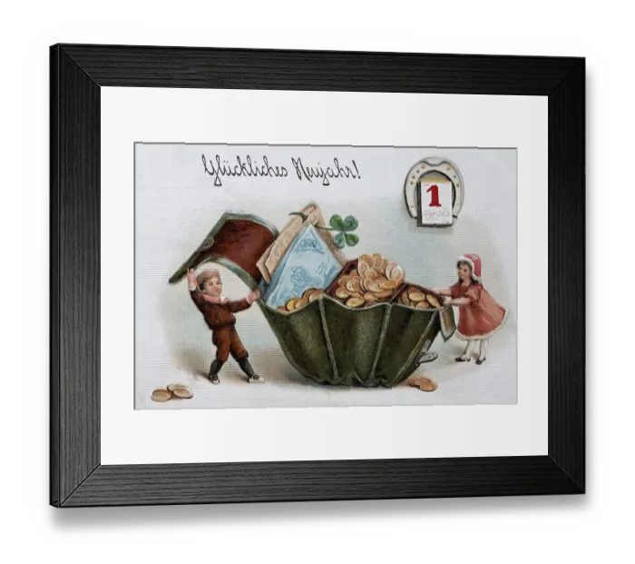 Framed Print : Happy New Year, children opening a purse filled with money