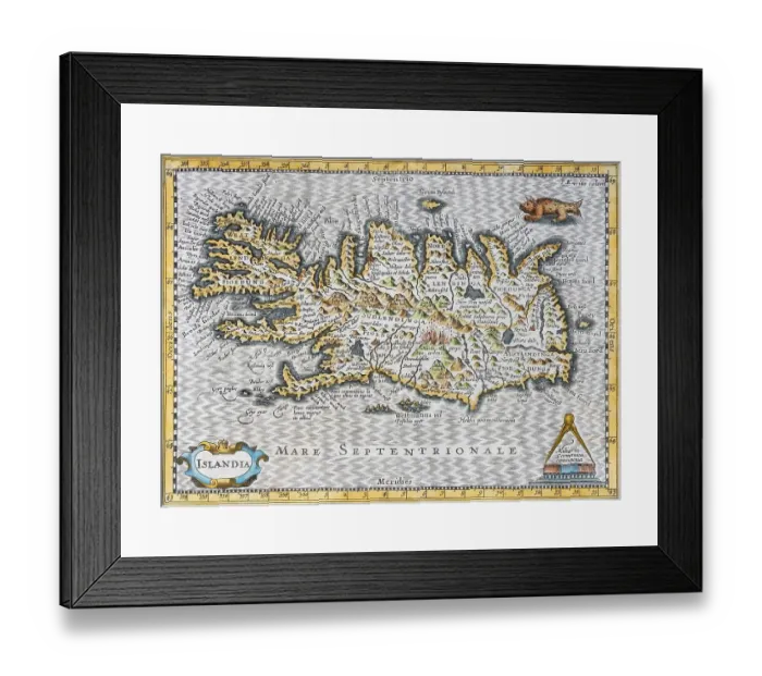 Framed Print : Iceland, hand coloured copper engraving by Johannes Cloppenburg