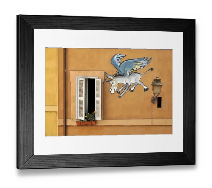 Framed Print : Comic wall painting of a winged donkey Framed Print : Comic wall painting of a winged donkey
