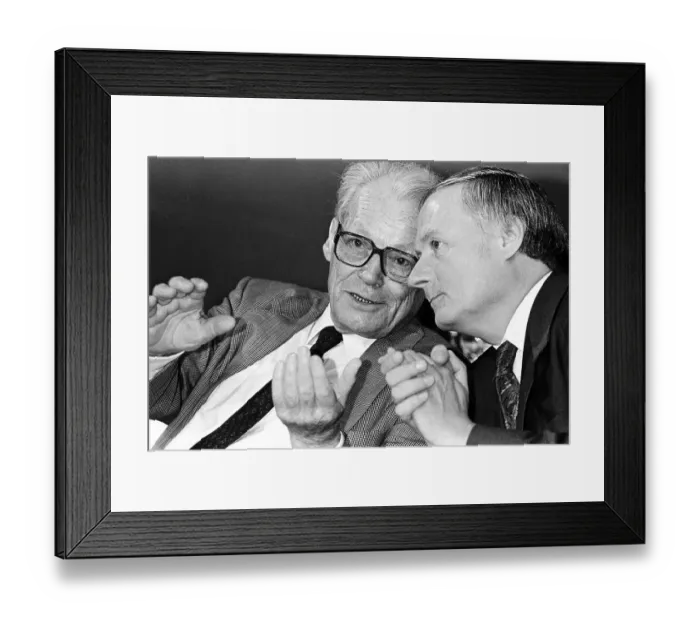 Framed Print : Willy Brandt and Oskar Lafontaine at the unification convention of the SPD of the GDR with the West German SPD