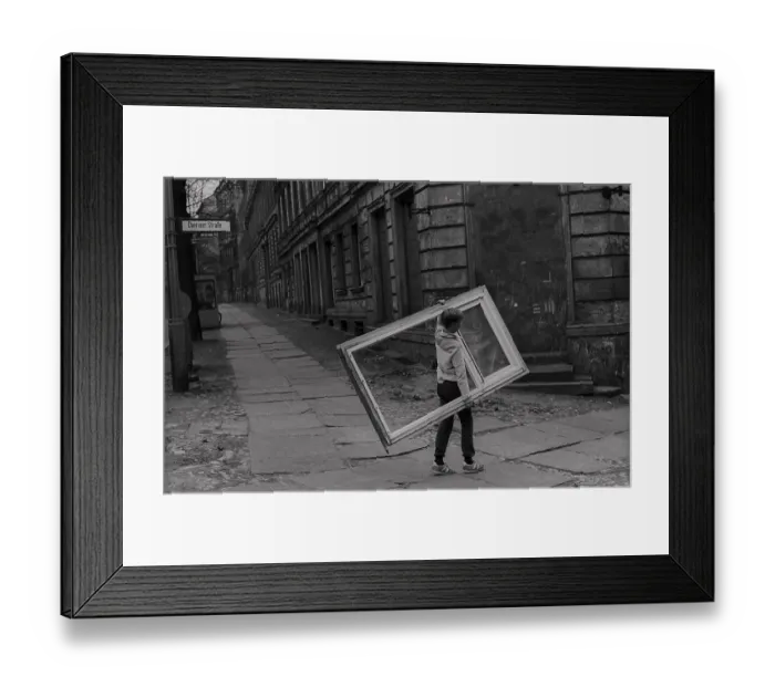 Framed Print : GDR, Berlin, 2. 4. 1988, child with window frame in Choriner Strasse Framed Print : GDR, Berlin, 2. 4. 1988, child with window frame in Choriner Strasse
