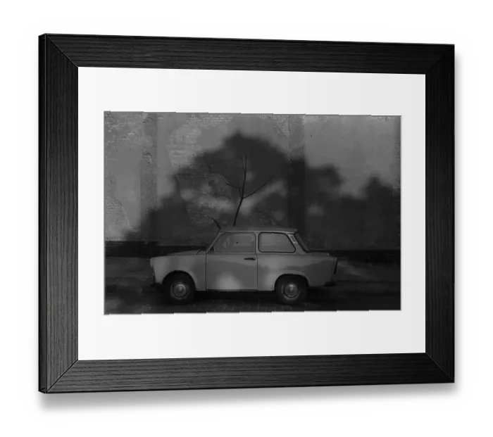 Framed Print : GDR, Berlin, 28. 07. 1986, Trabant (Trabi) in front of wall with tree shade