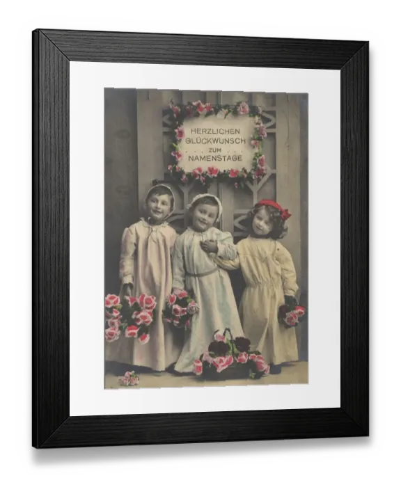 Framed Print : Historic photograph of three children used as a congratulations card celebrating a name day