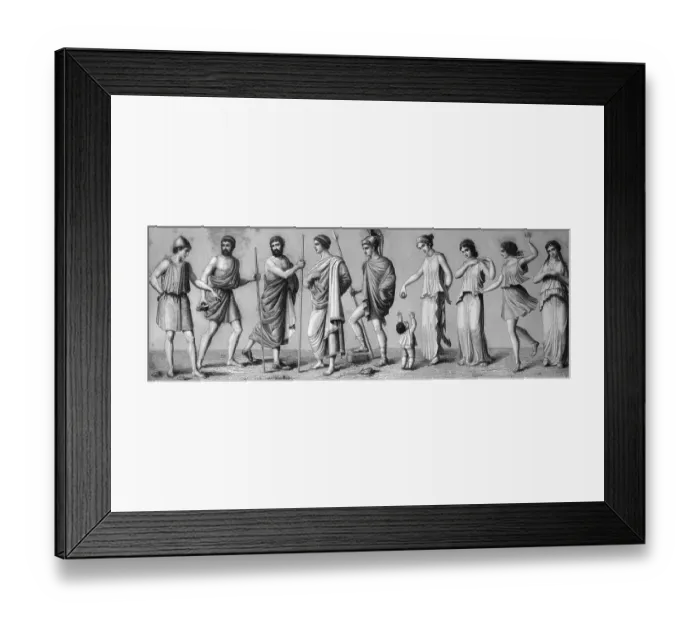 Framed Print : Greek costumes: from left, 1. chiton 2