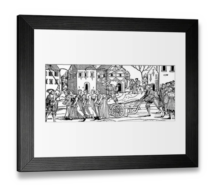 Framed Print : Carnival tradition: remaining unmarried women of the last year pulling a plow Framed Print : Carnival tradition: remaining unmarried women of the last year pulling a plow