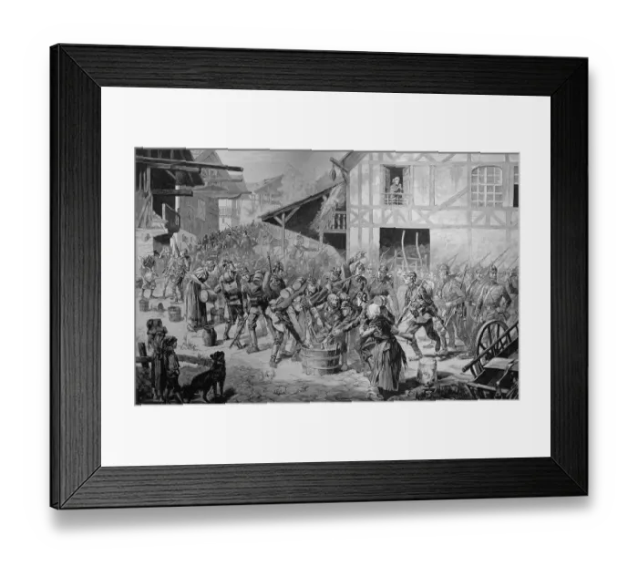 Framed Print : Prussian troops go to war and get water in a village