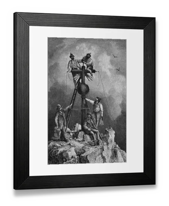 Framed Print : Erection of the summit cross of Mt Zugspitze by member of the German-Austrian Alpine Club Framed Print : Erection of the summit cross of Mt Zugspitze by member of the German-Austrian Alpine Club