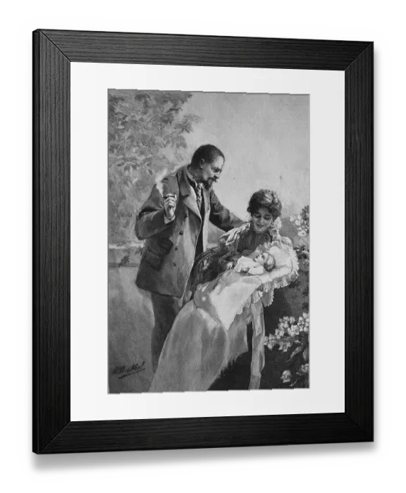 Framed Print : Young family with child, woodcut