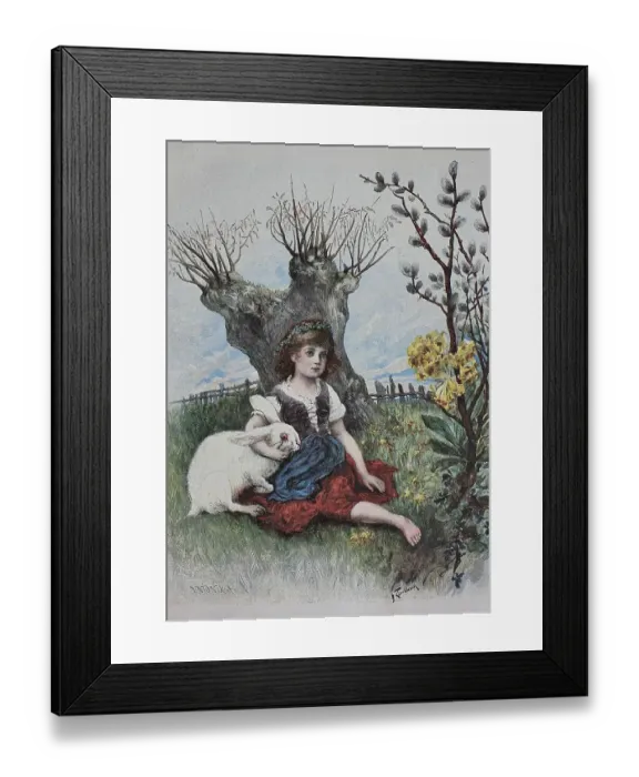 Framed Print : Girl with bunny, Easter, woodcut Framed Print : Girl with bunny, Easter, woodcut