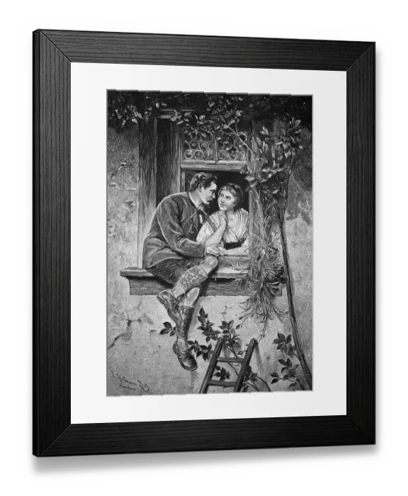 Framed Print : Man climbing up to his sweetheart's window Framed Print : Man climbing up to his sweetheart's window