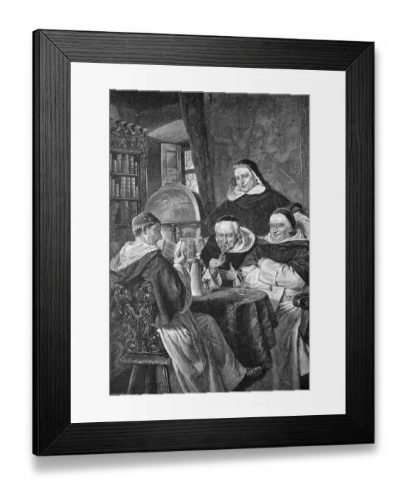 Framed Print : Monks drinking wine, historic engraving, 1888