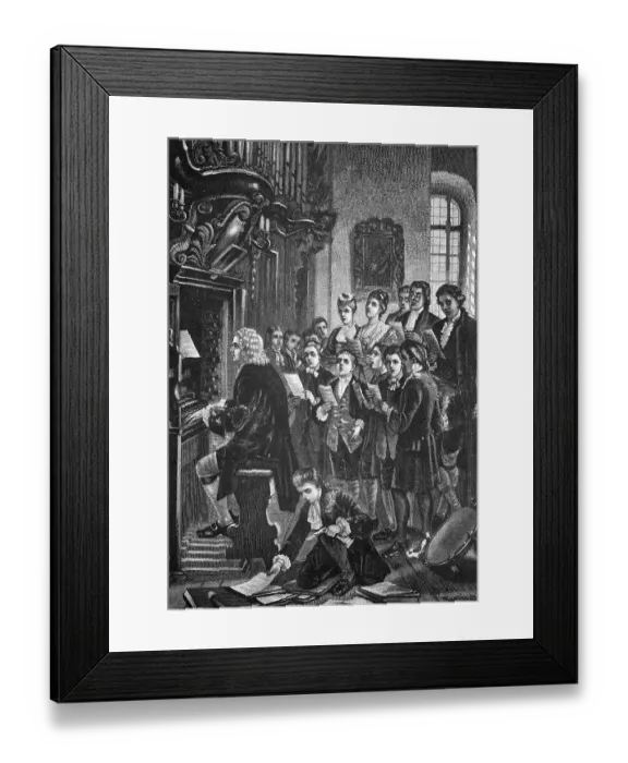 Framed Print : Johann Sebastian Bach playing an organ during a choir rehearsal