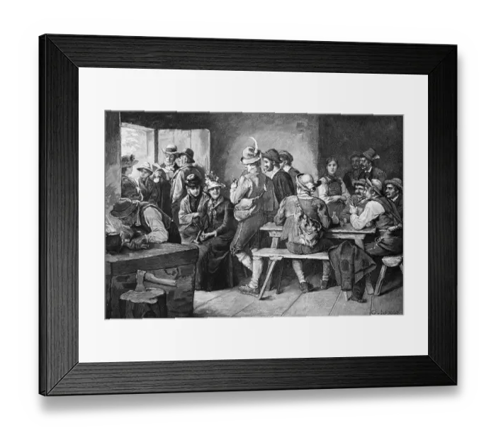Framed Print : Group of peolpe at the inn, historic wood engraving