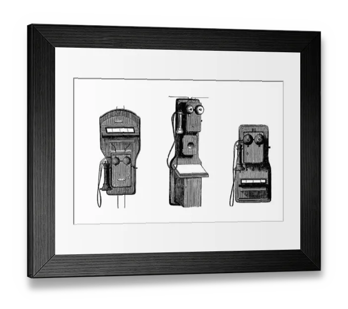 Framed Print : Historical telephones, from the left: Ader - Van Rysselberghe
