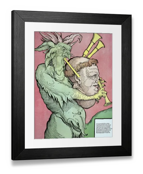 Framed Print : The devil's bagpipes, German caricature on the guilty pleasure of monks