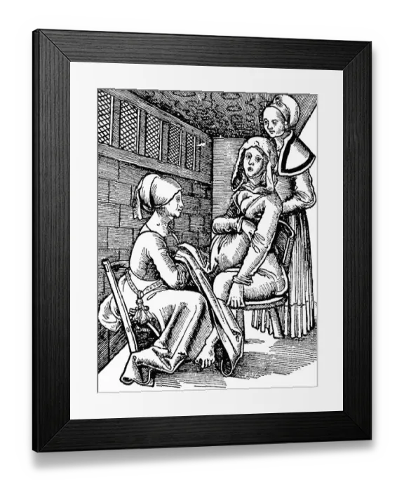 Framed Print : Woman in labour, German woodcut, 18th Century