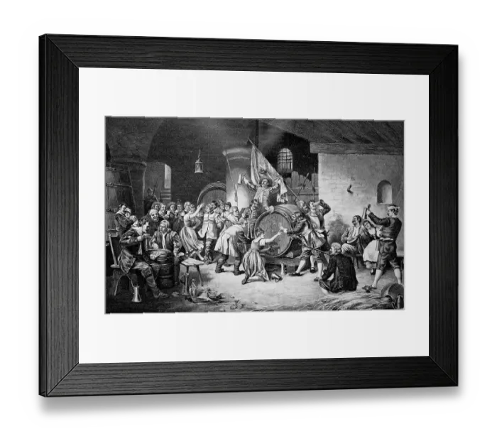 Framed Print : Landsknechte, soldiers, celebrate in an inn with a large wine barrel