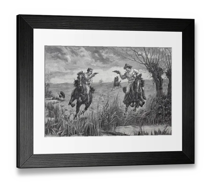 Framed Print : American cowboys duel with pistols from the horse