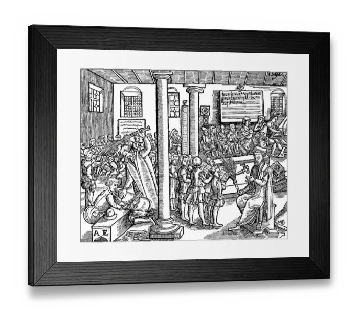 Framed Print : Inside a school, The boys sit or stand in individual circles and receive instruction in reading