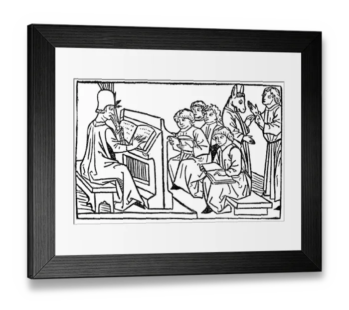 Framed Print : Teacher and pupil, In the background stands a student with an attached donkey head