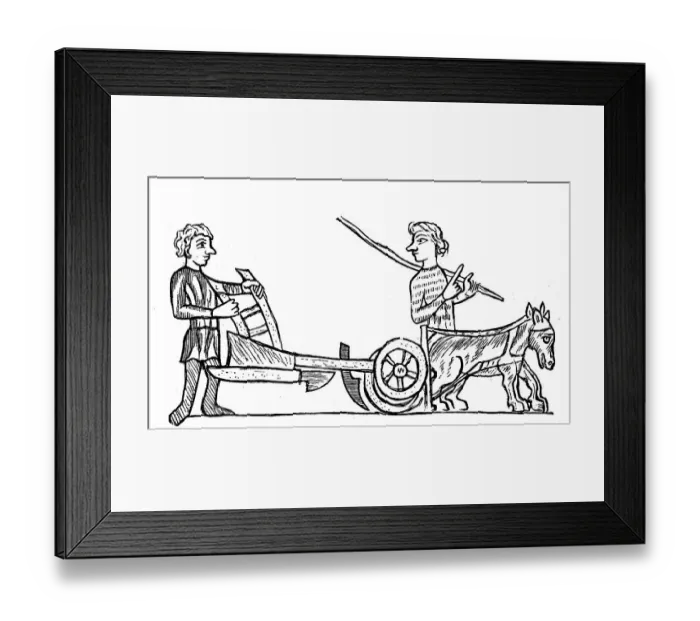 Framed Print : The drawing shows peasants doing field work with the plow and the animals in the 13th century