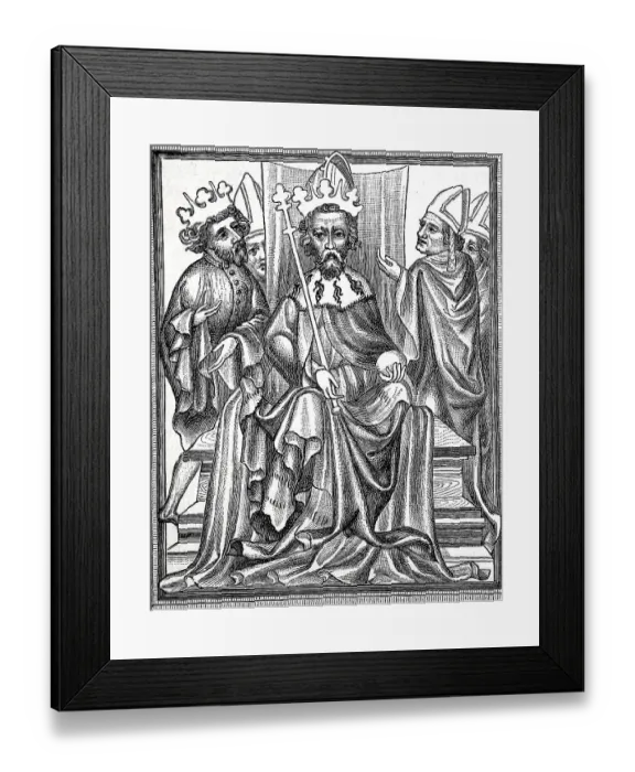 Framed Print : Emperor Karl IV. In the imperial order with his son Wenzel and bishops