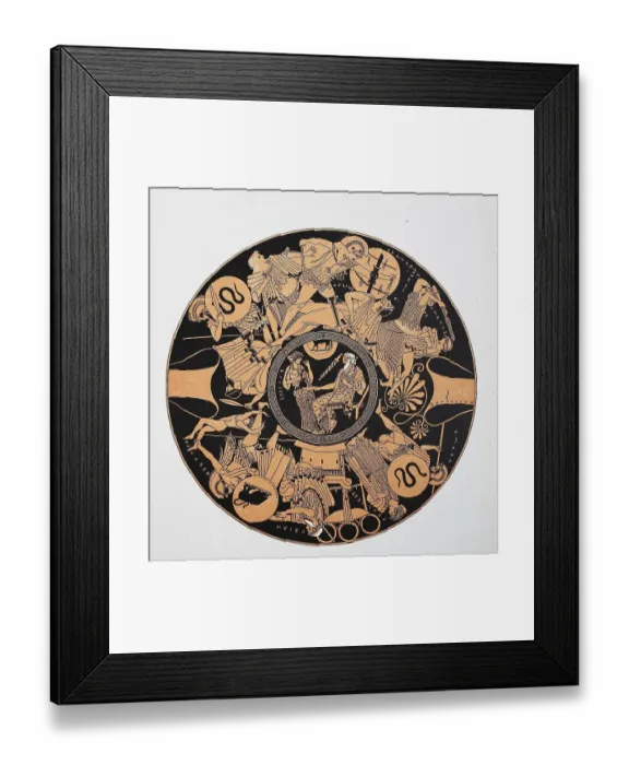 Framed Print : A Greek vase, outside it shows the final battle in Troy and in the round inside picture it represents the aged Peleus
