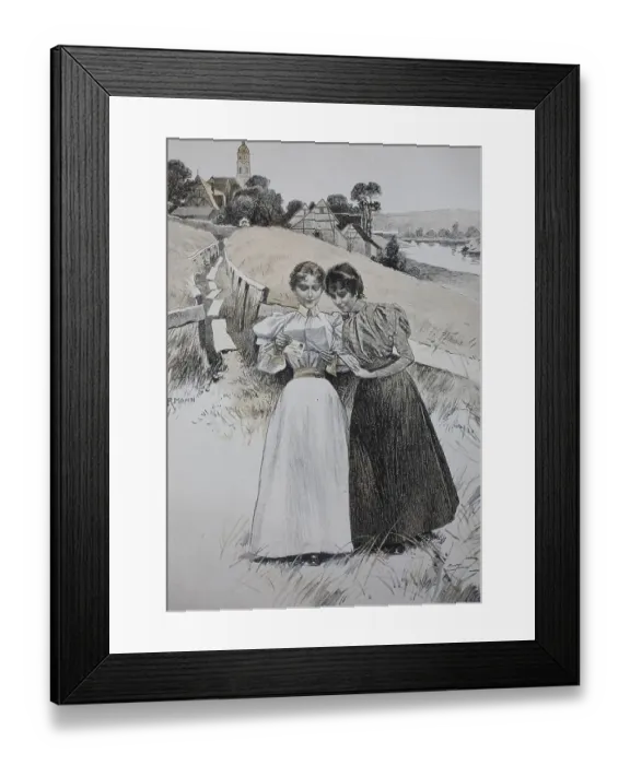 Framed Print : Two girls read a love letter together