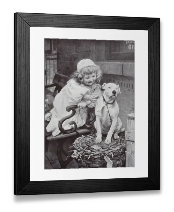 Framed Print : Little girl gives the domestic dog a biscuit